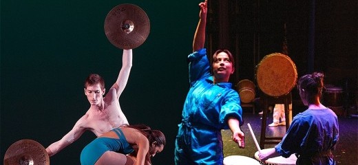 Two different performance photos split the image. On the right side, a person stands with their back to the camera facing a Taiko drum that they are playing on a stage next to a person dancing. They wear matching turquoise jumpsuits. There are more drums in the background. The image on the left shows a dancer with orange legwarmers standing in a second position lunge, holding cymbals with arms outstretched overhead. Another dancer in a blue leotard crouches in front of them.