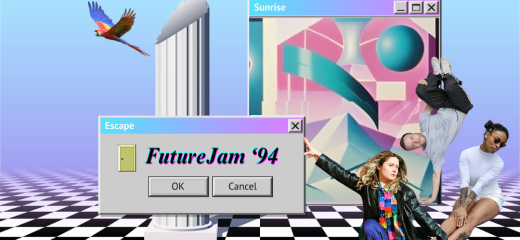 the image of a windows desktop screen with a pop-up box that reads "Future Jam '94" with the button options that read "ok" or "cancel". the background is a black and white checkered floor, a parrot flying, a tall white pillar, another pop-up box with blue and pink abstract shapes, and the images of three people posing.