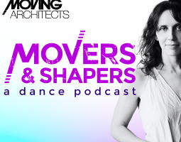 A woman, Erin Carlisle Norton, wears a sleeveless cotton shirt. She stands casually and smiles. Her shoulder-length hair is loose and wavy. Her hands are crossed, and to the left reads a “Movers and Shapers: A Dance Podcast” Logo. The background is a prism of rainbow (blue and purple) colors.