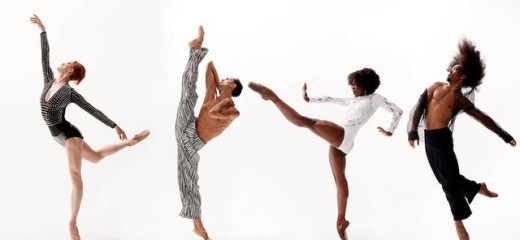 The image shows four ballet dancers from Complexions Contemporary Ballet, each in mid-movement, displaying dynamic poses. The dancers, dressed in modern and minimalistic costumes, highlight their flexibility, strength, and fluidity in a contemporary ballet style.
