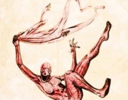 A red humanoid figure squats to one side with its dark mouth open in a disturbing smile. The figure holds a human shaped fabric which it appears to have peeled off its own body.