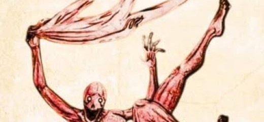 A red humanoid figure squats to one side with its dark mouth open in a disturbing smile. The figure holds a human shaped fabric which it appears to have peeled off its own body.