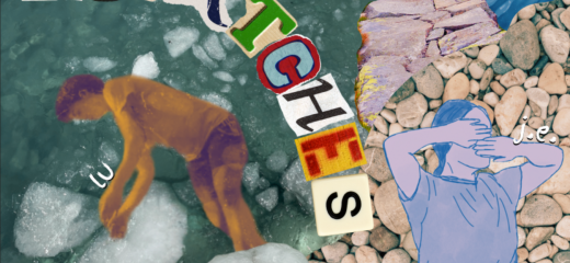 A graphic, collage-style event marketing poster for the program Dispatches. The design combines layered textures, torn paper effects, and overlapping images to create a dynamic, handcrafted look. lu and j.e. appear with their names written next to their pictures: lu in a sepia-toned photograph looking at his hands, and j.e. in a blue ink drawing covering her eyes and mouth with her hands.