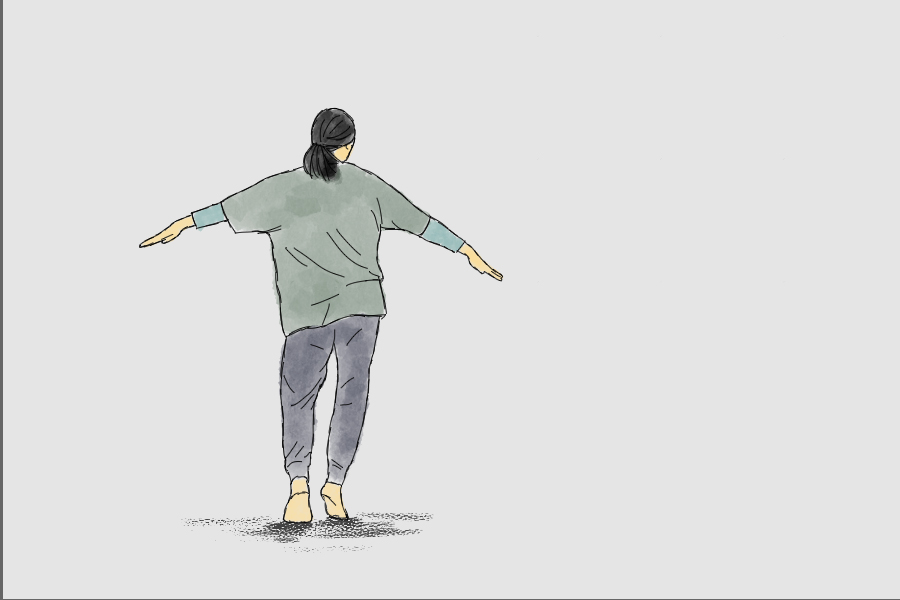 A drawn image of Kim standing on slightly raised heels with arms extended outward, appearing to hover in stillness or poised motion within an open, minimal space.