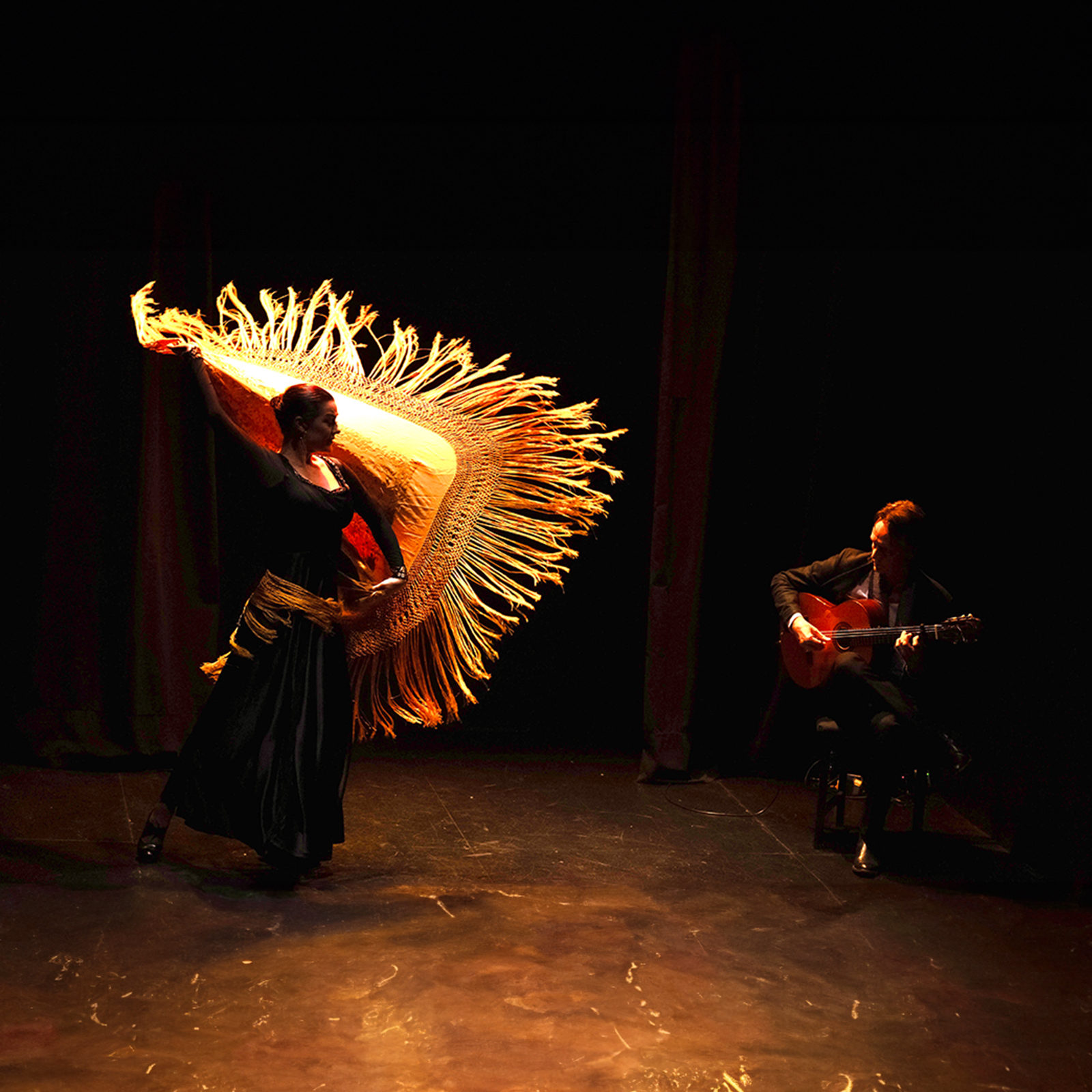 Dancer Aylin Bayaz looks down to the left, while lifting one arm above her head. She wears black flamenco shoes and her black hair is slicked back. The guitarist, Raul Mannola, sits to the side, strumming his guitar in a soft golden light.