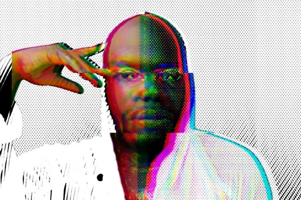 A portrait of jaamil olawale kosoko wearing white against a white background. The fingertips of one hand rest upon their temple as they gaze into the camera. The image is edited with a grainy texture and faintly distortion.