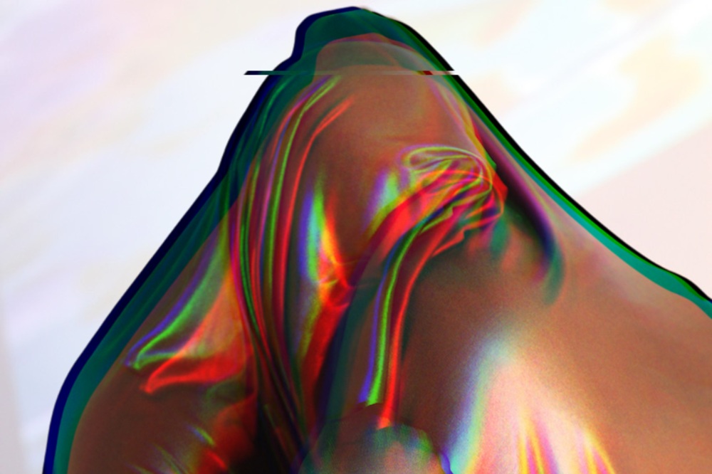 Two people draped in brown fabric rest their heads on one another’s shoulders in front of a white background. The image is edited with faint red and blue outlines.