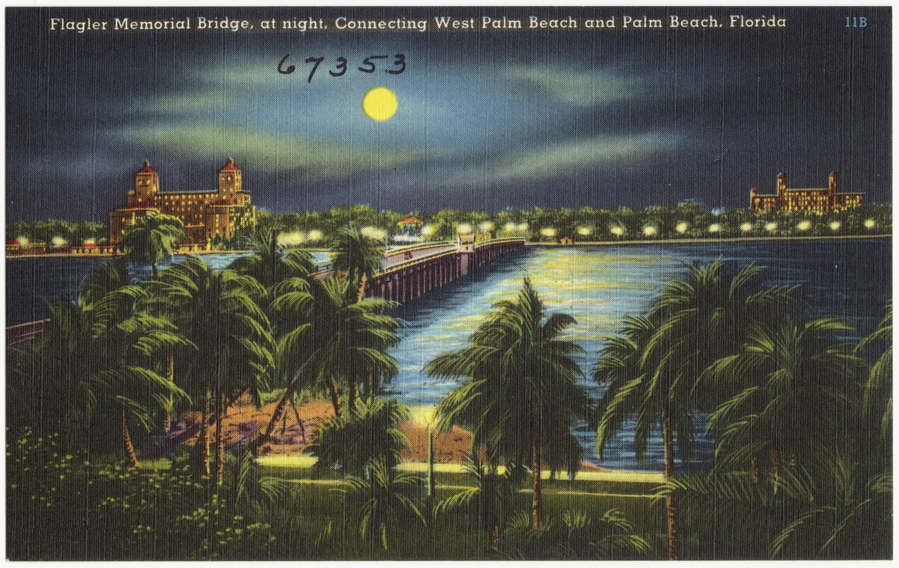 Historic postcard image from the 1930s–1940s showing the Flagler Memorial Bridge illuminated at night, spanning the water between West Palm Beach and Palm Beach, Florida.