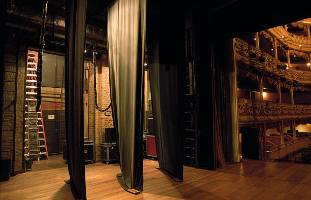 From the stage looking off stage left between the curatins to an empty space, with ladders, lights, and a door.