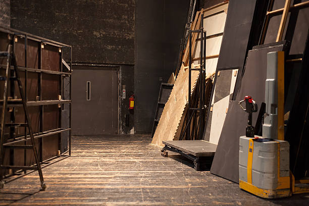 An empty well lit back stage space, with flats, and other equipment leaning to each side.