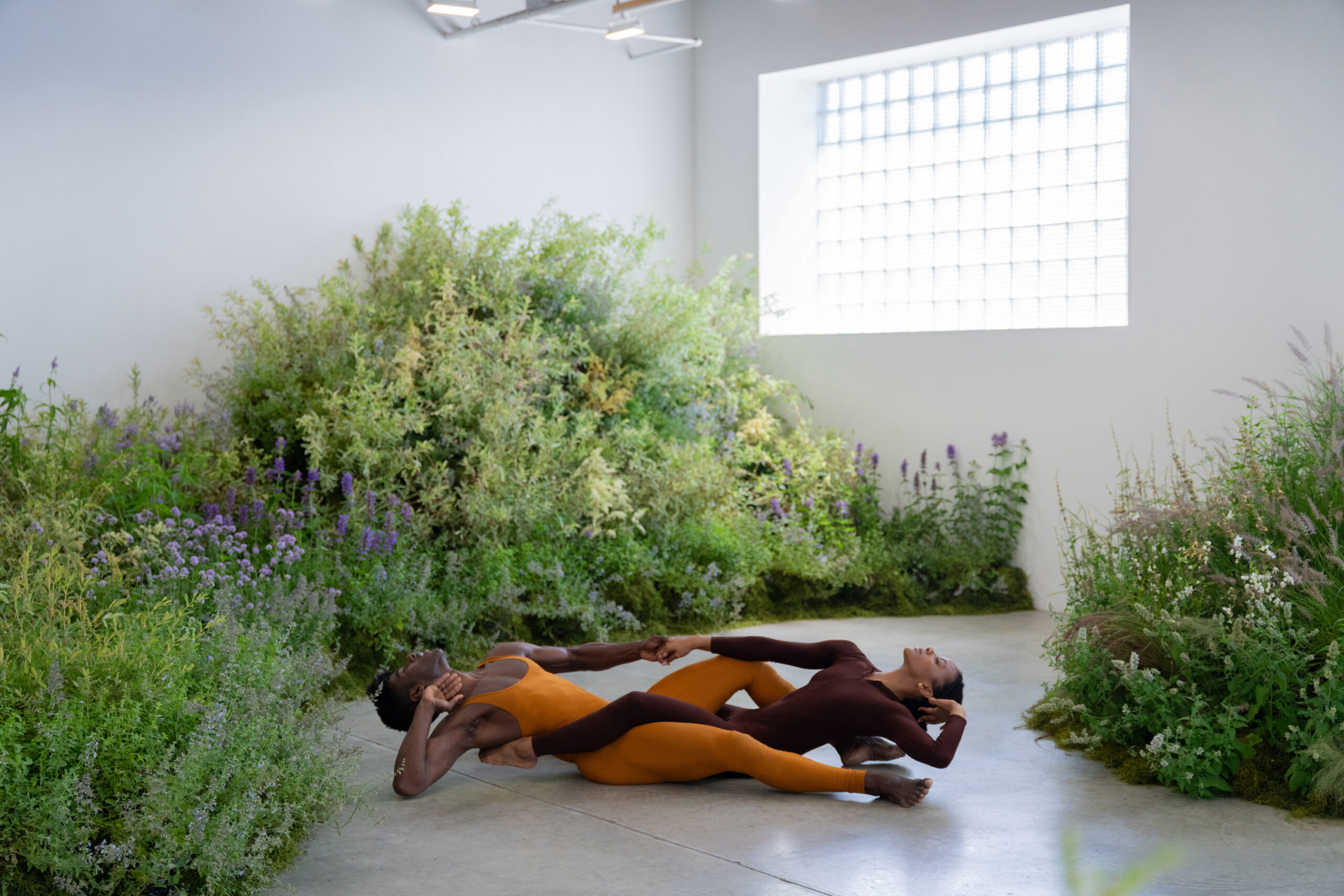 Lloyd Knight and Jacquelin Harris, both Black dancers, are on the ground in a gallery with white walls, a large glass block window, and a gray cement floor. An installation of wildflowers and grasses surrounds them. Knight wears a copper sleeveless unitard and Harris a brown long-sleeved unitard. Their legs are intertwined, and their backs are almost touching the floor. Their faces gaze up at the ceiling, eyes closed.