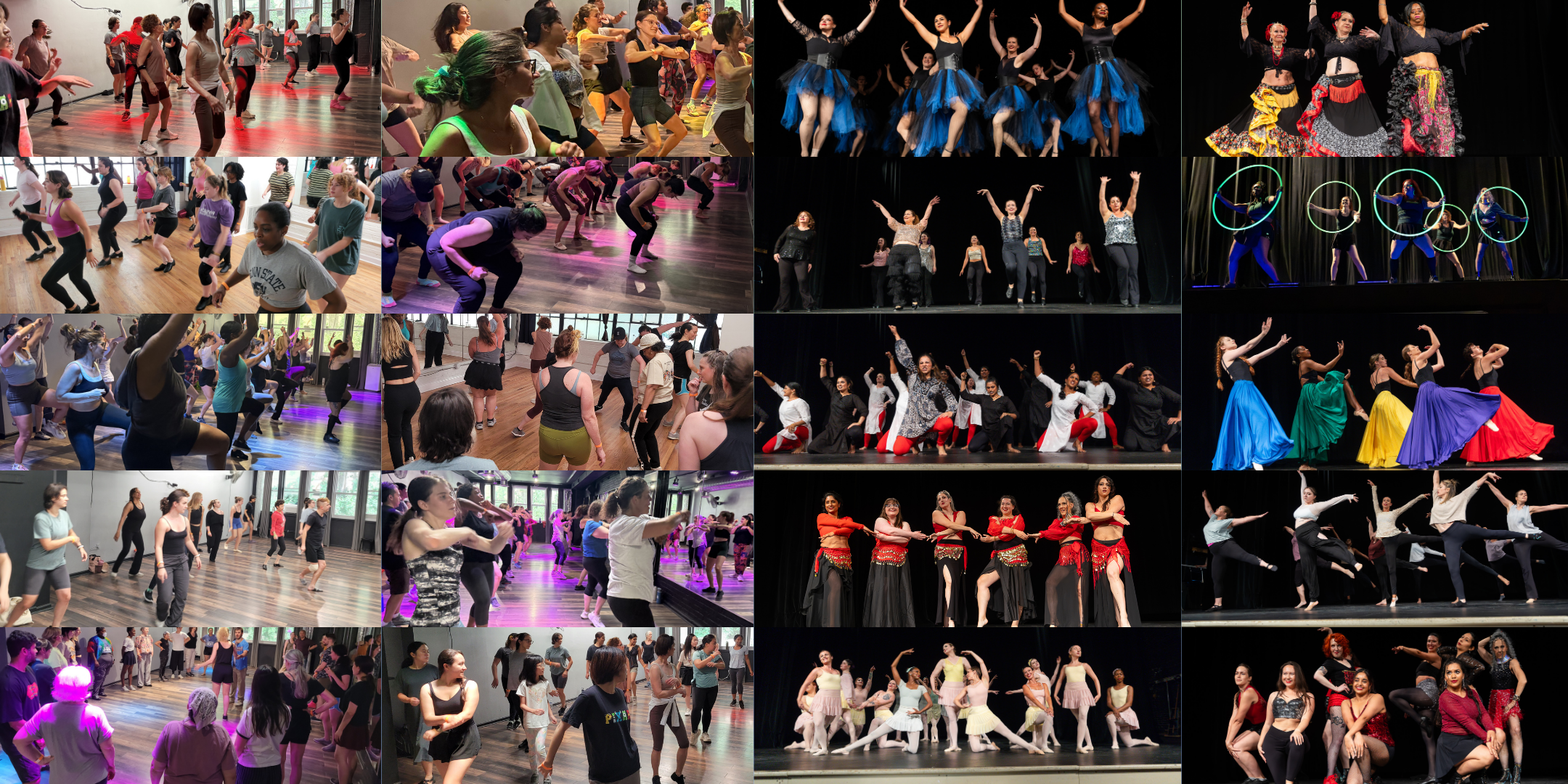 A collage of performance and class images from previous Philly Dance Days. Photos from classes are concentrated on the left side of the collage with performance images on the right. Most of the performance images are in mid movement, with dancers in the middle of unison choreography or shared poses, arms extended out over their heads. A variety of colors illuminate the collage, whether through costumes or lighting itself.