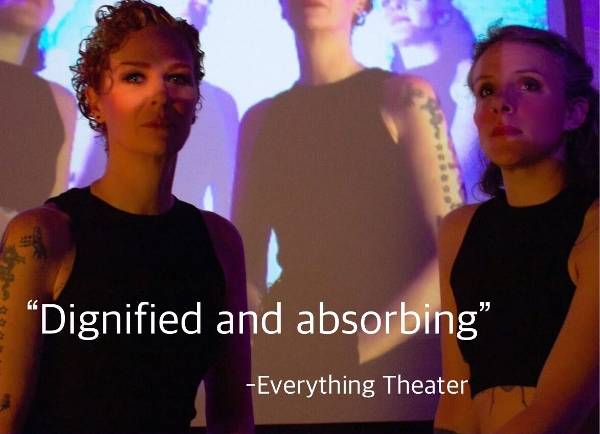 A show poster with mostly purple tones and a purple banner below that reads RWP Fringe Knowledge 2025 Season TIMESTAMP by Karen Cecilia and Emilee Lord Dovecot Studios. Above is an image of two middle aged women in black tank tops, the one on the left with short curly red hair looking straight into the camera, the one on the right with long curly hairs looking up into the distance, Behind them is mirrored a reflected image of this same pose.