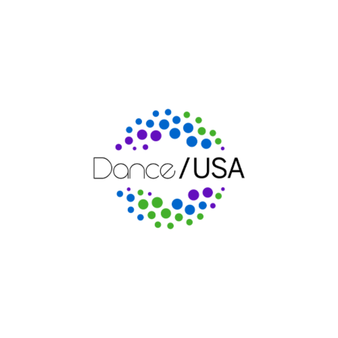 On a white background, the words Dance/USA are written in the middle of a circle of blue and green dots.