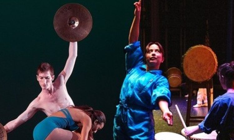 Two different performance photos split the image. On the right side, a person stands with their back to the camera facing a Taiko drum that they are playing on a stage next to a person dancing. They wear matching turquoise jumpsuits. There are more drums in the background. The image on the left shows a dancer with orange legwarmers standing in a second position lunge, holding cymbals with arms outstretched overhead. Another dancer in a blue leotard crouches in front of them.