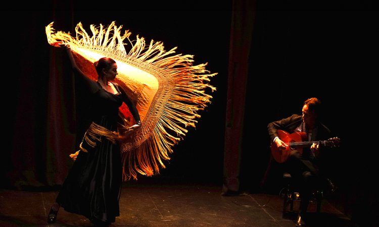 Dancer Aylin Bayaz looks down to the left, while lifting one arm above her head. She wears black flamenco shoes and her black hair is slicked back. The guitarist, Raul Mannola, sits to the side, strumming his guitar in a soft golden light.