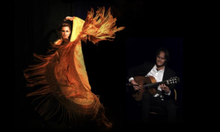 Aylin Bayaz stares fiercely into the camera as her arm whips behind her head, the large red and gold fringed fabric she holds billowing out in front of her, completely hiding her lower body . To her right, Raul Mannola sits in a black suit strumming a guitar, his eyes closed as he listens to the music.