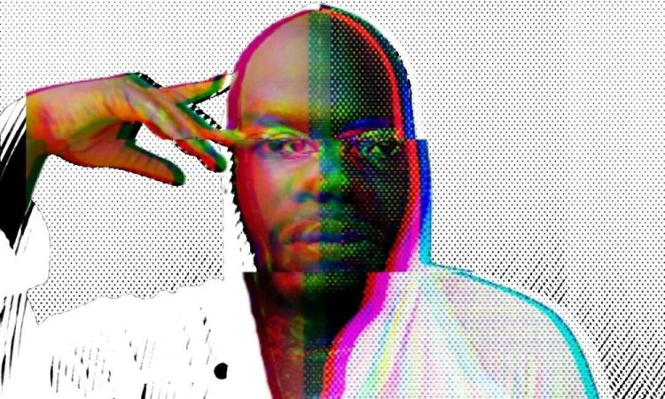 A portrait of jaamil olawale kosoko wearing white against a white background. The fingertips of one hand rest upon their temple as they gaze into the camera. The image is edited with a grainy texture and faintly distortion.