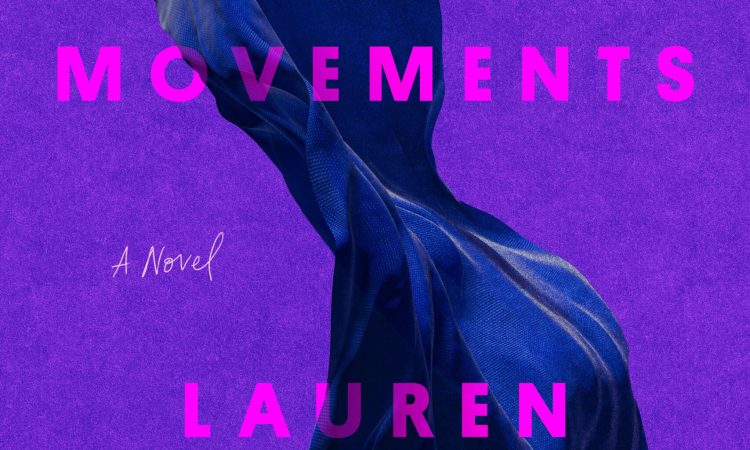The cover of the novel Little Movements: a vibrant purple background with a falling blue piece of satin. The title and author's name are in a bold pink print.