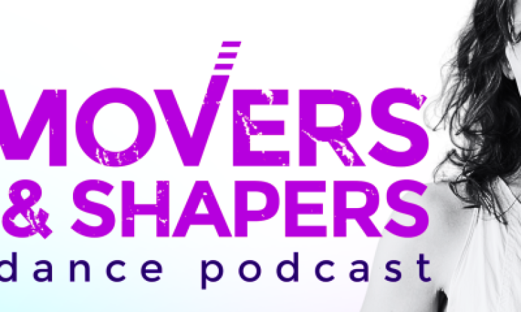 A woman, Erin Carlisle Norton, wears a sleeveless cotton shirt. She stands casually and smiles. Her shoulder-length hair is loose and wavy. Her hands are crossed, and to the left reads a “Movers and Shapers: A Dance Podcast” Logo. The background is a prism of rainbow (blue and purple) colors.