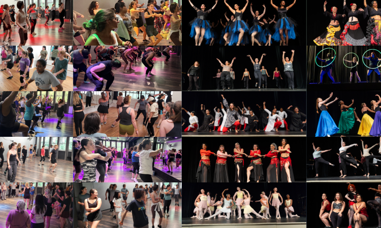 A collage of performance and class images from previous Philly Dance Days. Photos from classes are concentrated on the left side of the collage with performance images on the right. Most of the performance images are in mid movement, with dancers in the middle of unison choreography or shared poses, arms extended out over their heads. A variety of colors illuminate the collage, whether through costumes or lighting itself.