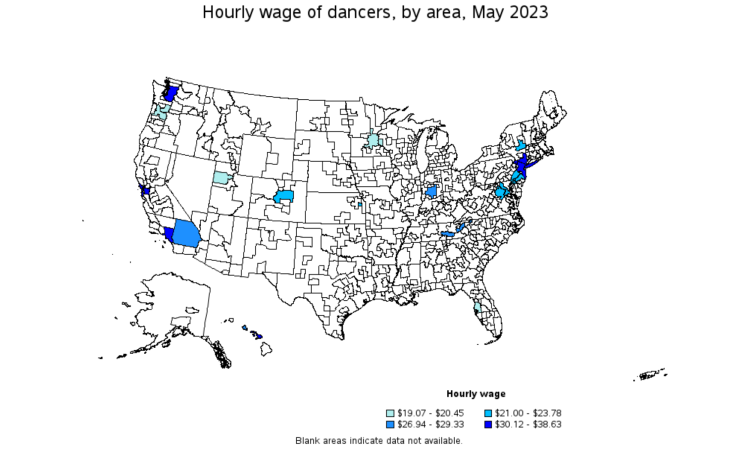 On a white background is a detailed map of the United States, including Alaska and Hawaii. At the top of the image it says, Hourly Wage of Dancers by Area, May 2023. On the map, a fraction of the area is highlighted in blue.