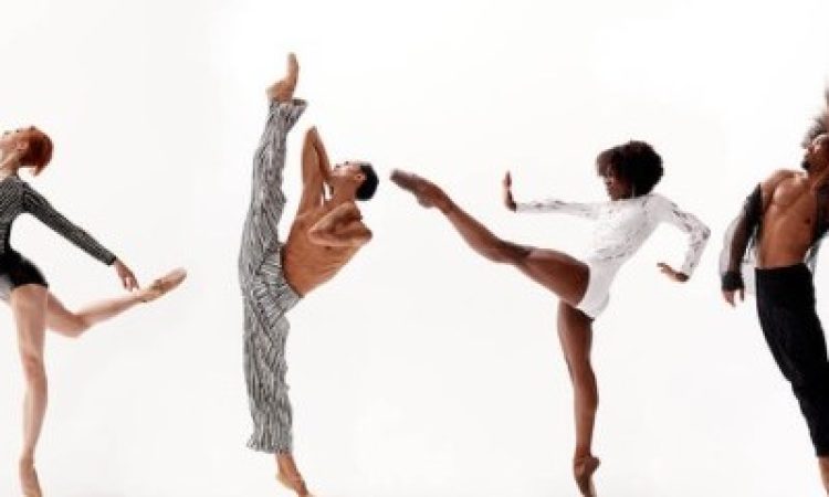 The image shows four ballet dancers from Complexions Contemporary Ballet, each in mid-movement, displaying dynamic poses. The dancers, dressed in modern and minimalistic costumes, highlight their flexibility, strength, and fluidity in a contemporary ballet style.
