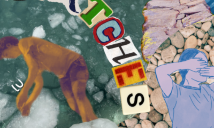 A graphic, collage-style event marketing poster for the program Dispatches. The design combines layered textures, torn paper effects, and overlapping images to create a dynamic, handcrafted look. lu and j.e. appear with their names written next to their pictures: lu in a sepia-toned photograph looking at his hands, and j.e. in a blue ink drawing covering her eyes and mouth with her hands.