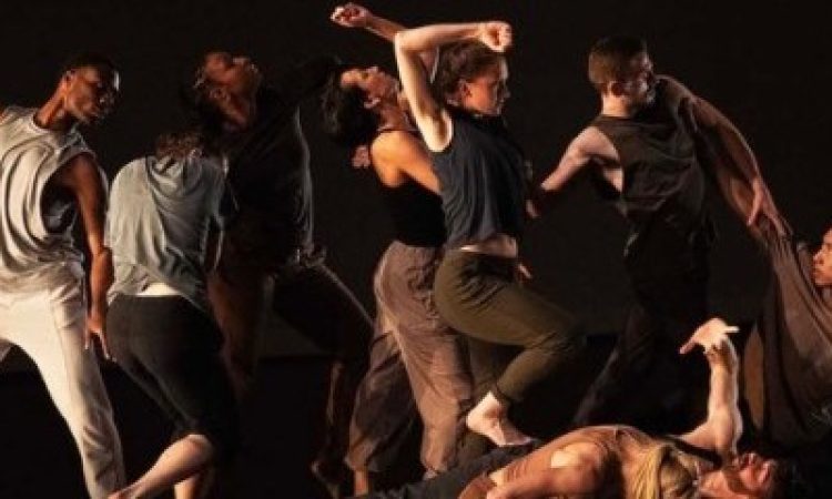 The image captures a dynamic moment from The Quake that Held Them All by Kayla Farrish. A group of dancers is intricately arranged, creating a sense of interconnectedness and tension. The performers are dressed in earthy, muted tones, and their movements range from grounded and angular to fluid and expansive. The dimly lit stage emphasizes their forms and the emotional intensity of the choreography, which explores themes of connection, resilience, and collective experience.