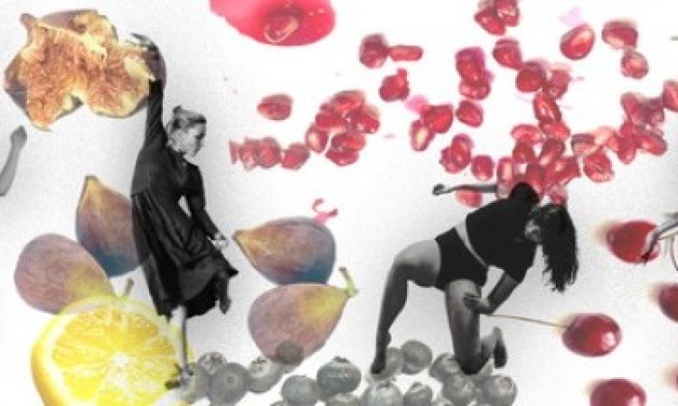Four dancers in loose, flowing clothing are edited on top of large photos of brightly colored fruit, including pomegranate seeds, figs, blueberries, and orange rinds.